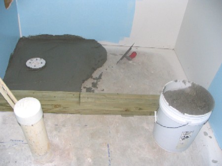 Basement Bathroom: Mortar Bed Pre-Slope for the Shower Pan