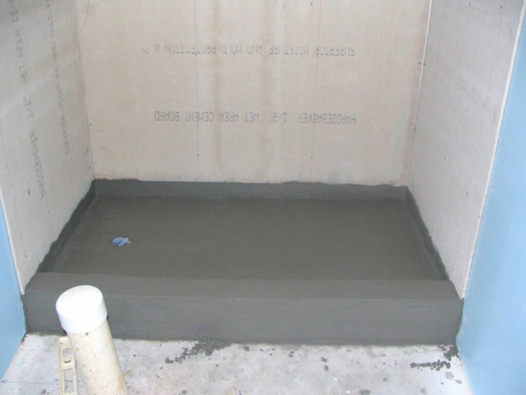 Basement Bathroom: Shower Pan Mortar Bed and Cement Backer Board on Walls