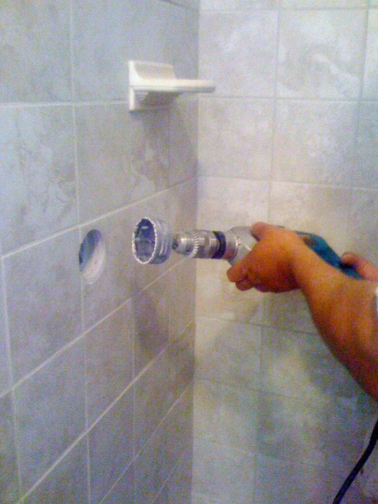 Basement Bathroom Shower Valve: Diamond Hole Saw Progress in the Shower Tile