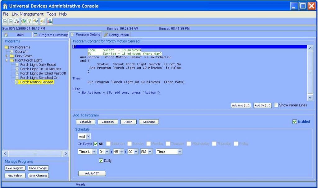 Porch Light Programs in the ISY-99i Admin Console