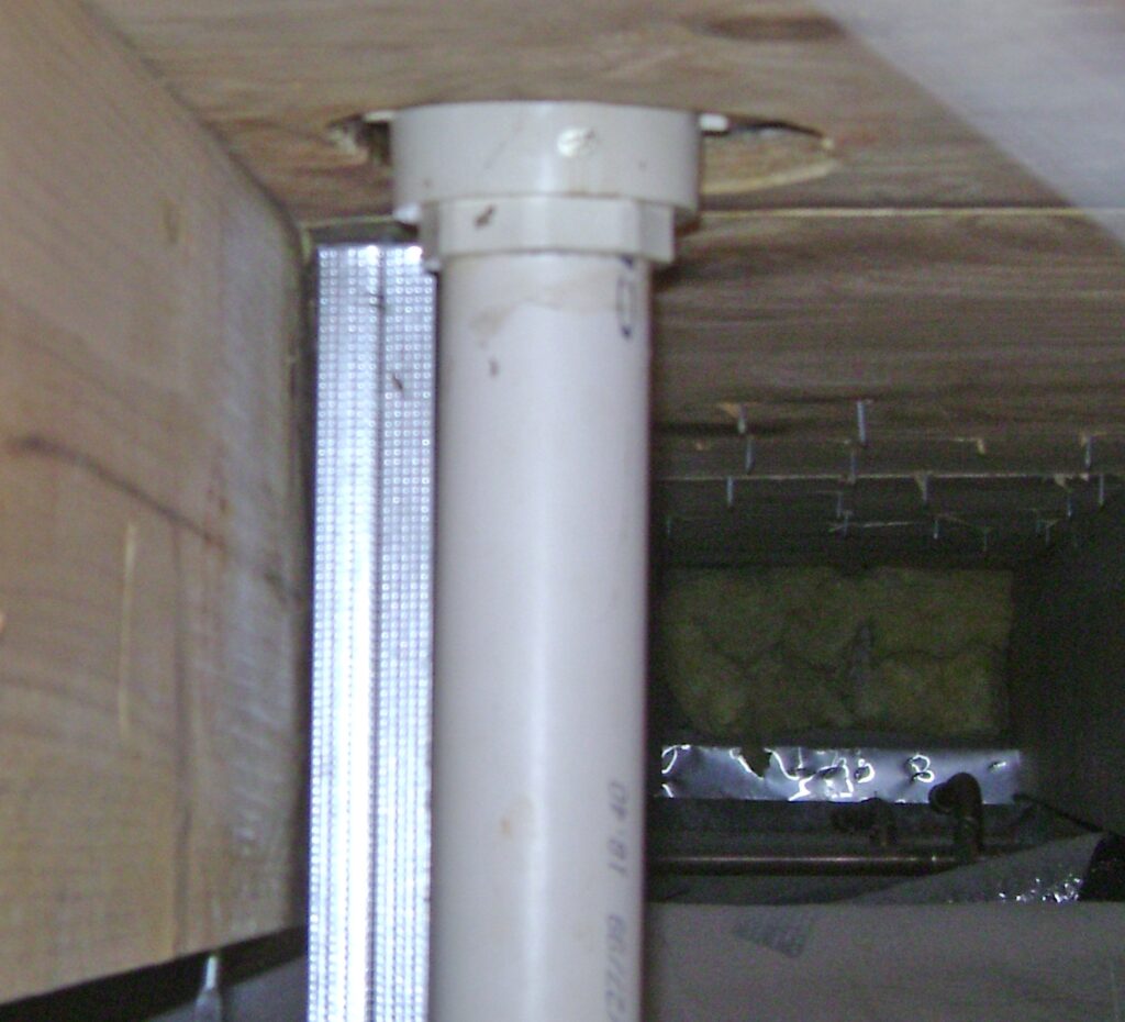 Leaky Shower Drain: Gray/White Color Water Stains on Floor Joist