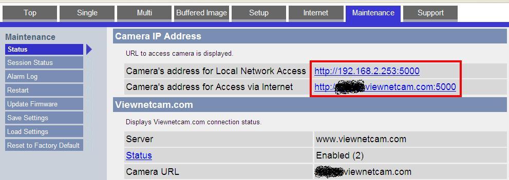 Panasonic Network Camera Status - LAN and Internet Access URLs