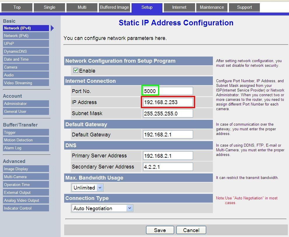Panasonic Network Camera - Static IP Address and Port Number