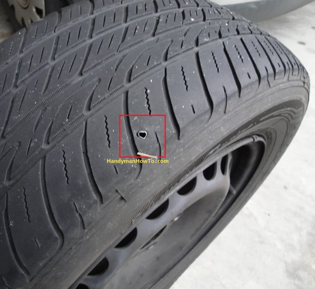 Fix a Flat Car Tire: Puncture by Metal Tube in Tire Tread
