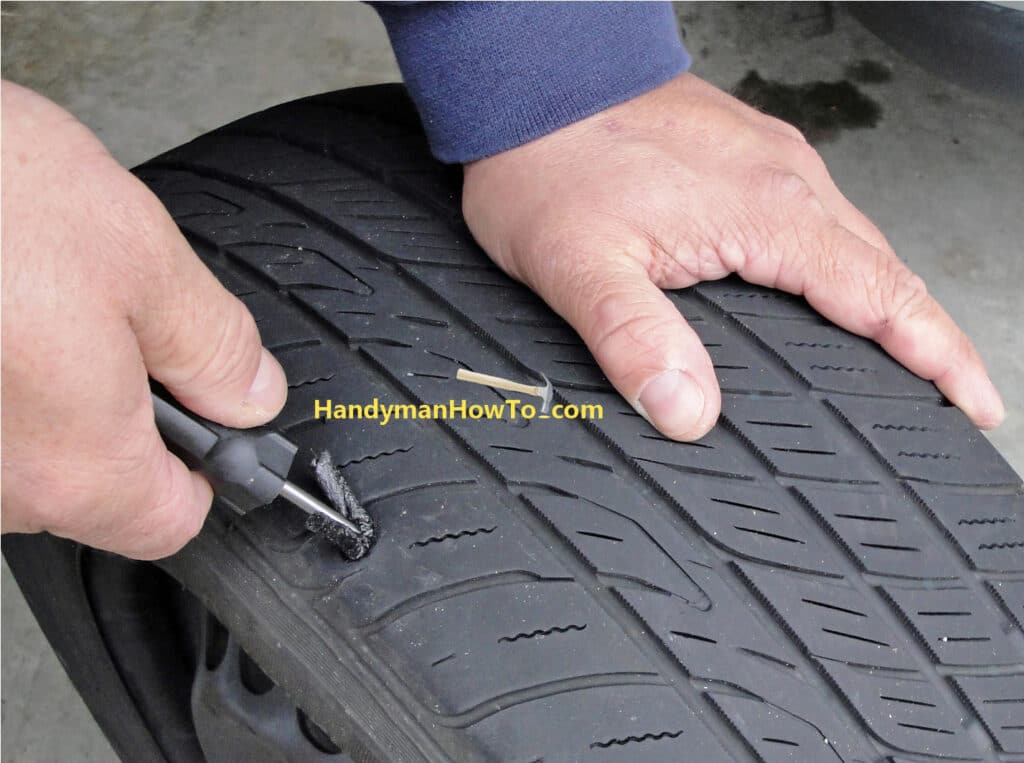 How to Plug a Flat Car Tire: Press the Plug 2/3rds into the Tire Puncture Hole