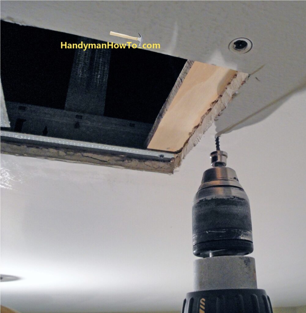 Drywall Ceiling Repair: Fasten the Support Block with Drywall Screws