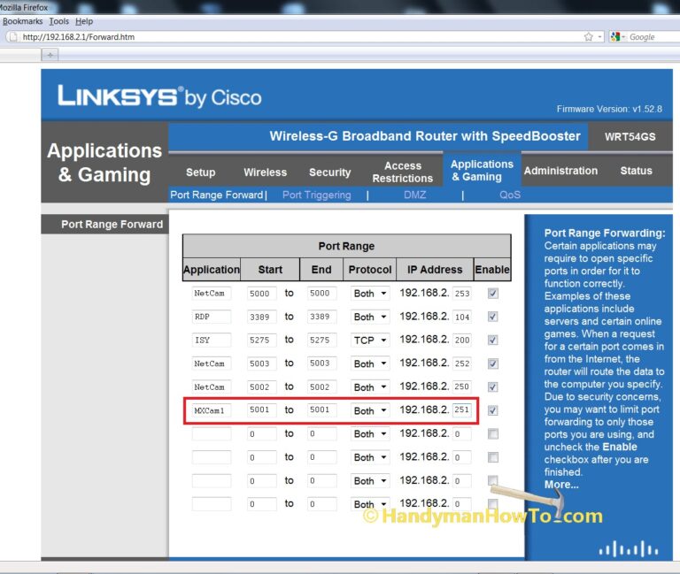 Linksys WRT54G: Applications and Gaming - Port Range Forward