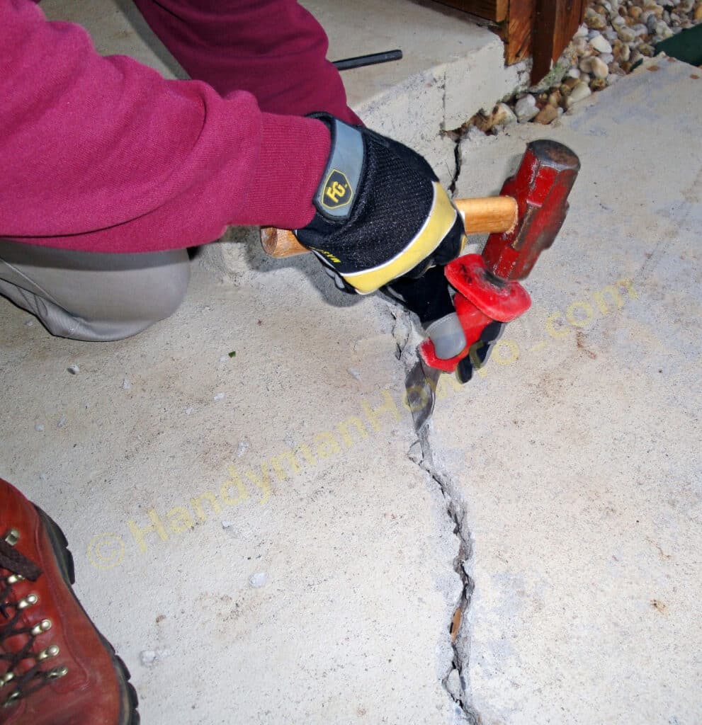 Concrete Crack Repair: Widen the Crack with a Brick Chisel and Hammer
