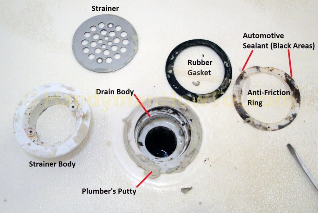 Shower Drain Leak Repair: Disassembled Shower Drain