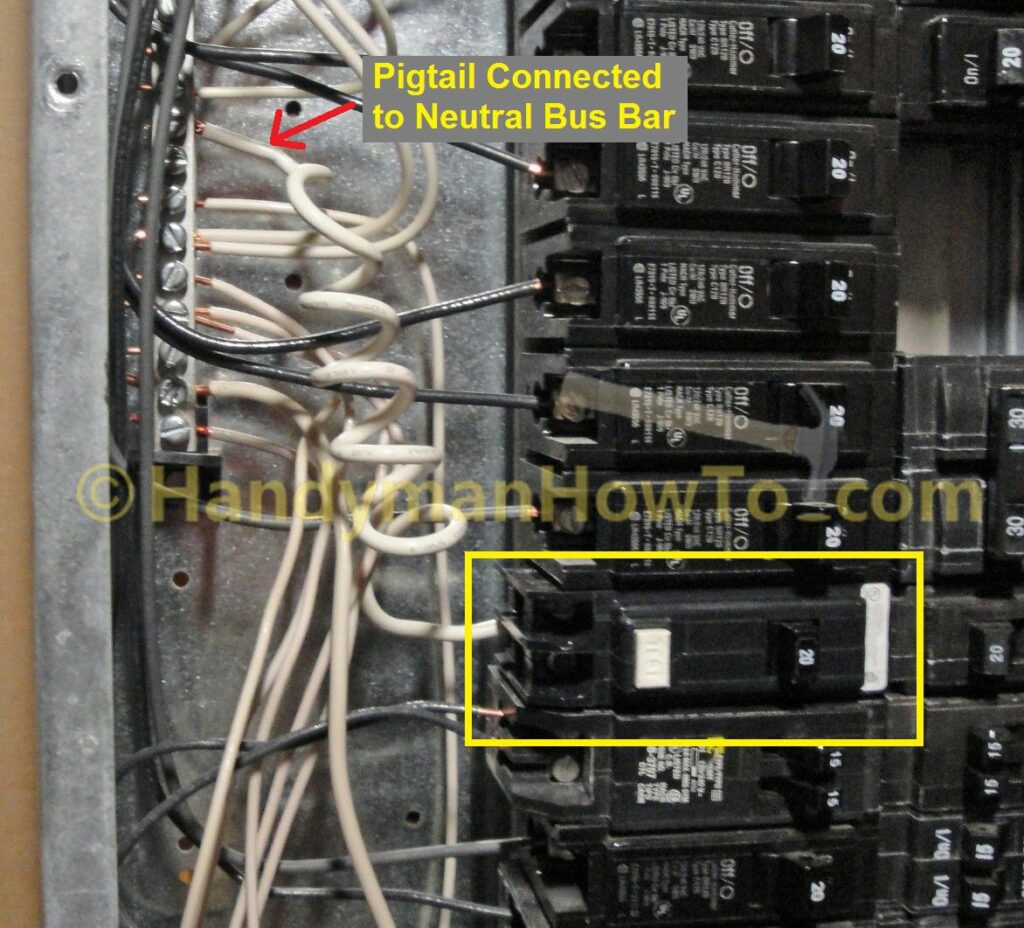 Connect the Ground Fault Circuit Breaker Pigtail to the Neutral Bus Bar