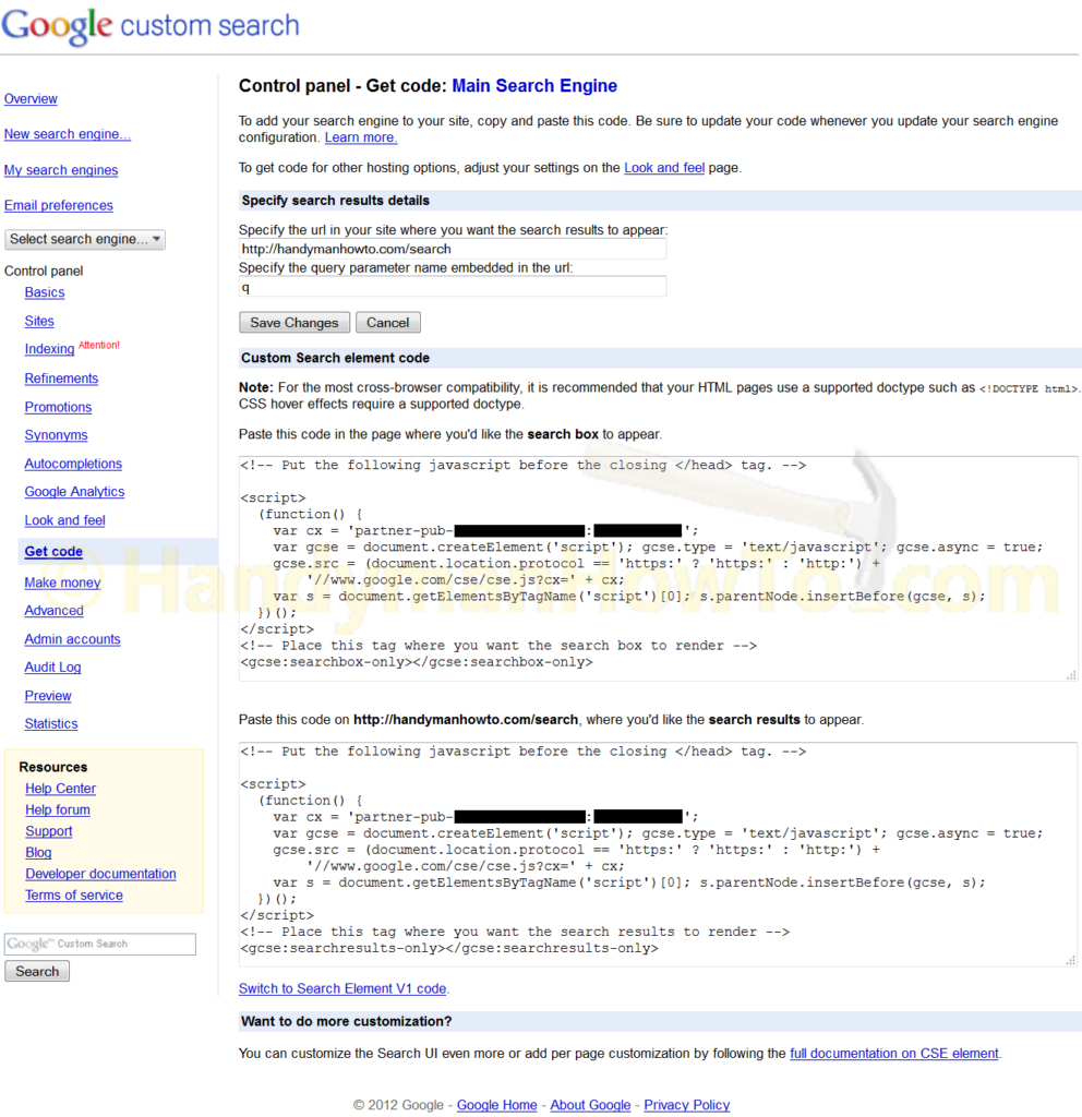 Google Custom Search Engine: Control Panel - Get Code