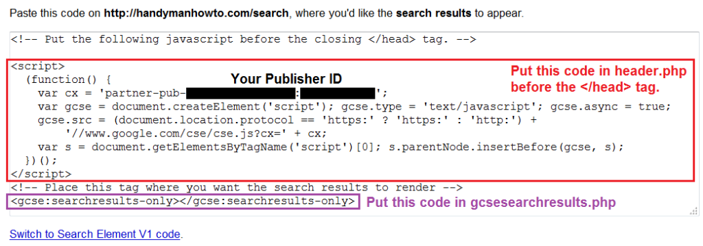 Google Custom Search Engine: Get Code - Search Results Code