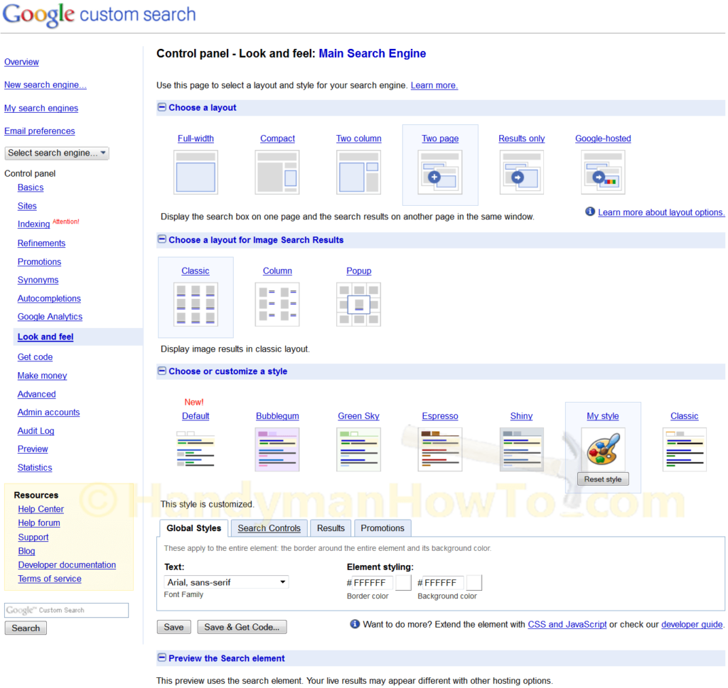 Google Custom Search Engine: Look and feel - Two Page Layout