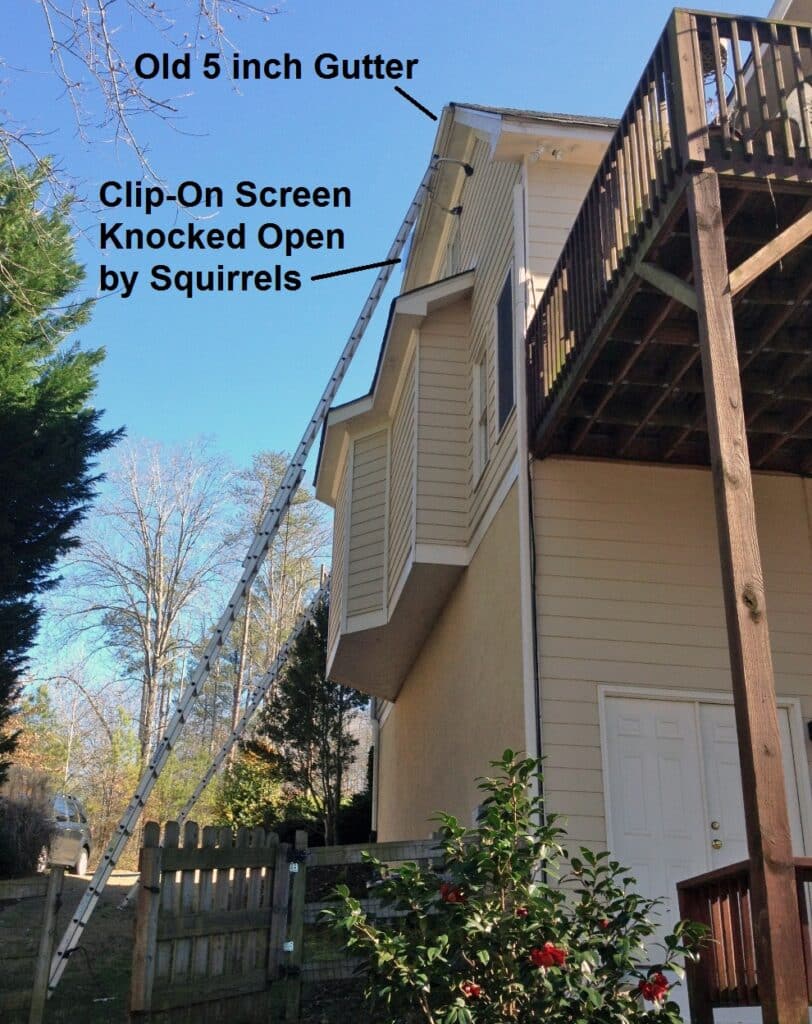 Old 5 inch Gutter and Clip-On Gutter Screen Knocked Open by Squirrels