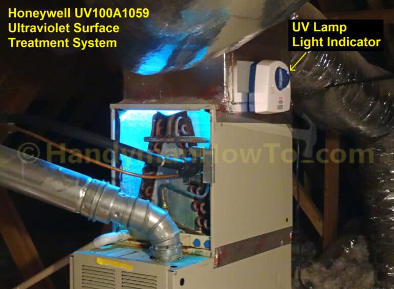 Honeywell Ultraviolet Light Surface Treatment System UV100A1059 above AC Evaporator Coils
