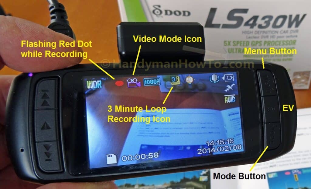 DOD LS430W Car DVR: Video Recording Screen Icons