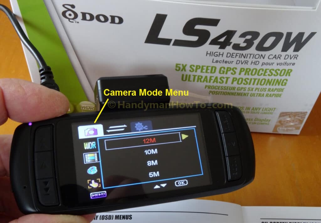 DOD LS430W Car DVR: Camera Mode Setup Menu