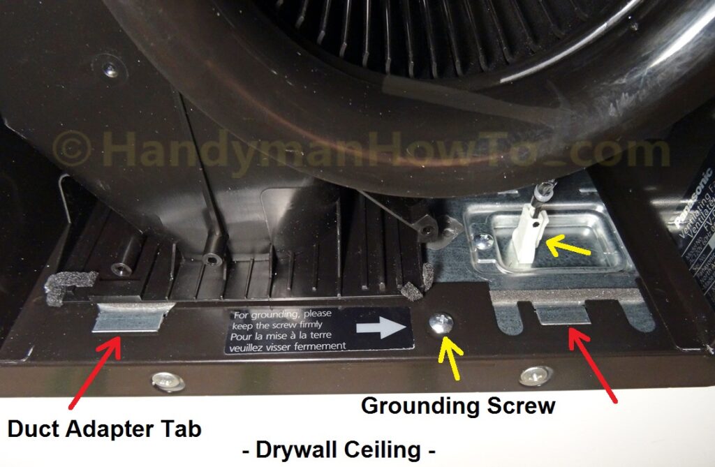 Panasonic WhisperCeiling Vent Fan: Duct Adapter and Grounding Screw Detail