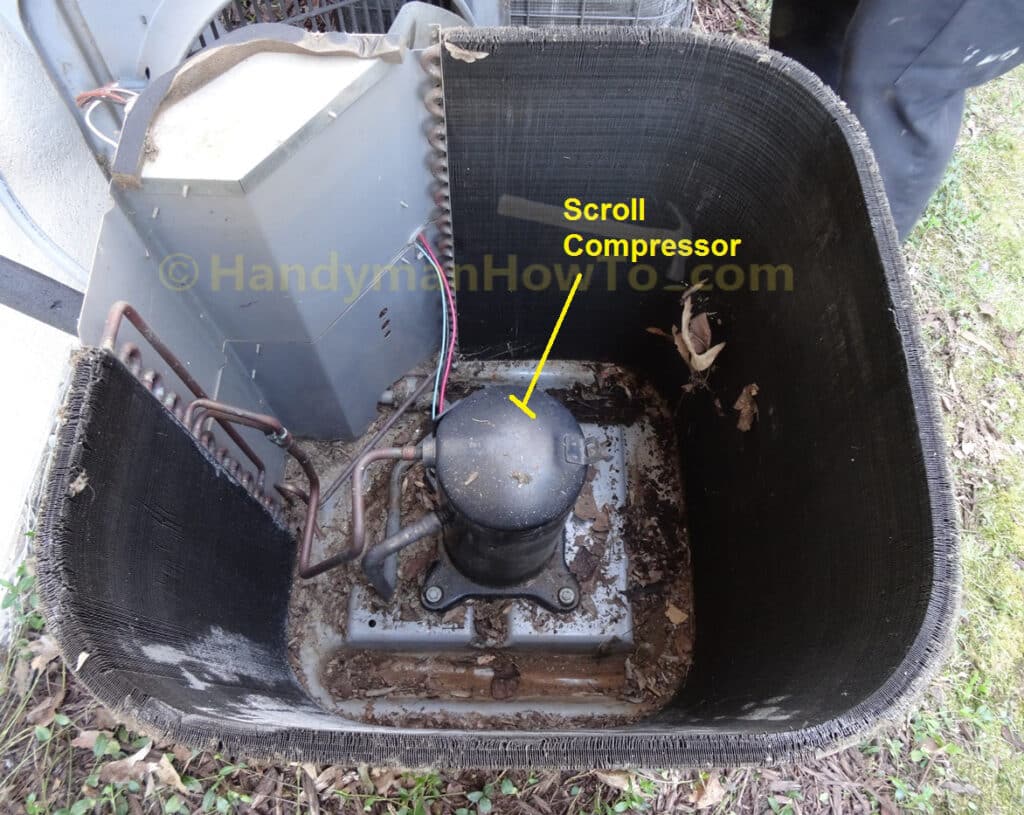 AC Condenser Unit Interior View with Scroll Compressor