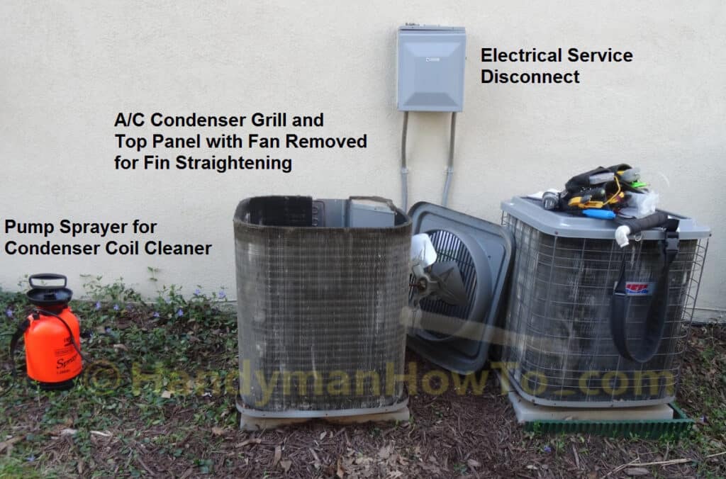 Outdoor AC Condenser with Top Panel and Fan Removed for Cleaning