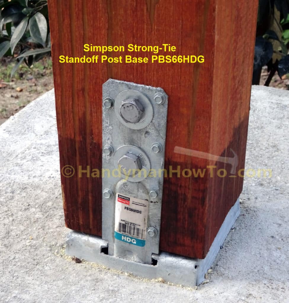 6x6 Deck Post Fastened with Bolts to Simpson Strong-Tie Standoff Post Base PBS66HDG