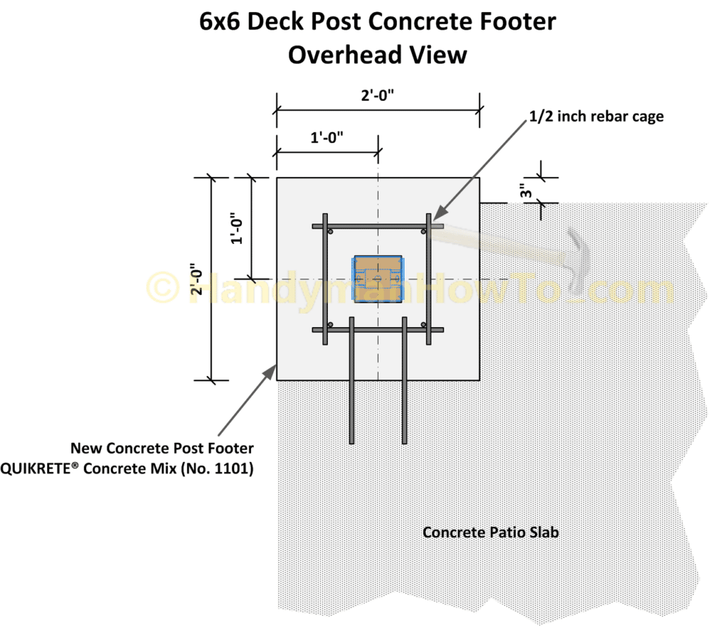 6x6 Wood Deck Post Concrete Footer Drawing - Overhead View