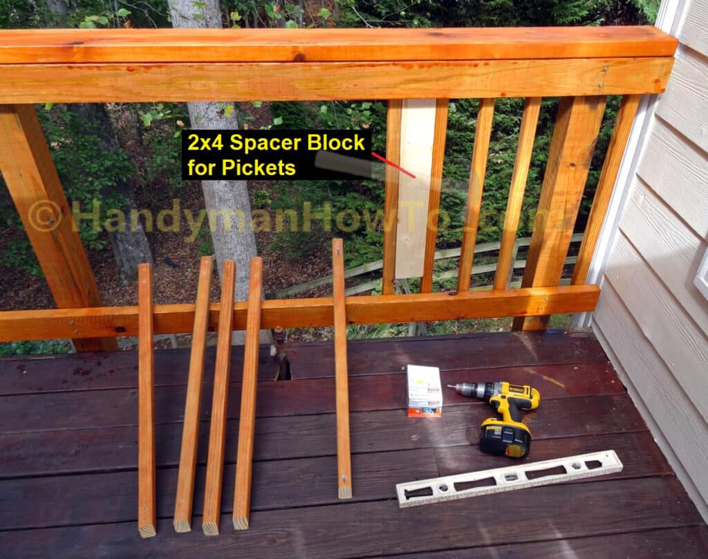 Build Deck Rail - Install 2x2 Pickets with 2x4 Spacer Block