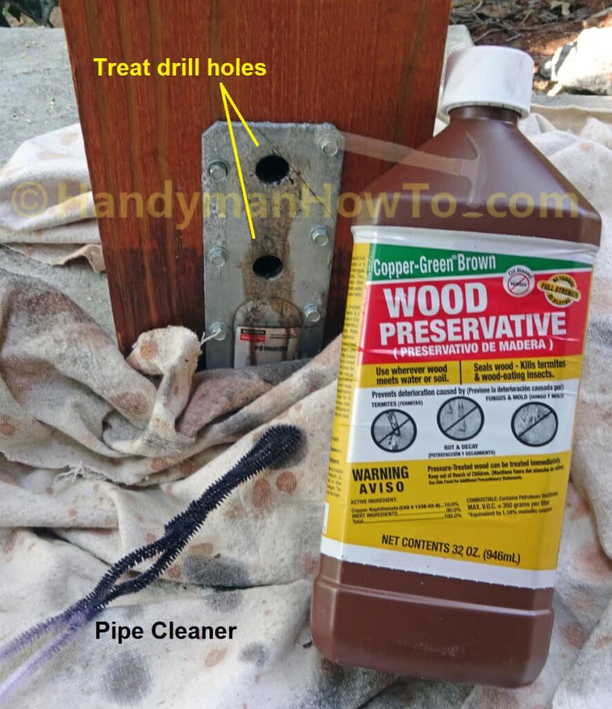 Treat Deck Post Bolt Holes with Copper Naphthenate Wood Preservative