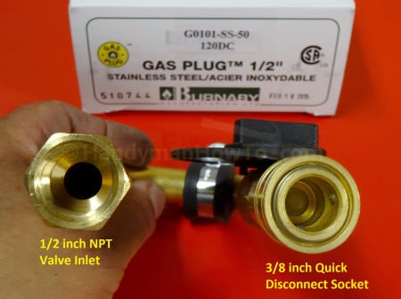 Burnaby Gas Plug G0101-SS-50-120DC Valve Inlet and Quick Disconnect Socket