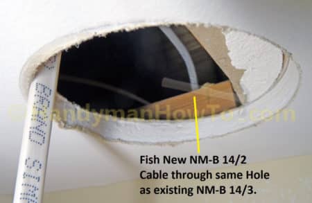 Fish NM-B Electrical Cable from Ceiling down Wall for Bathroom Fan