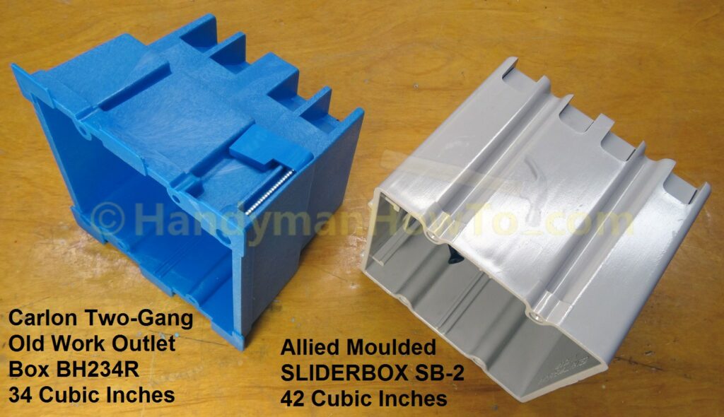 Two-Gang Old Work Outlet Box - Carlon BH234R vs Allied Moulded Sliderbox SB-2 Oblique View