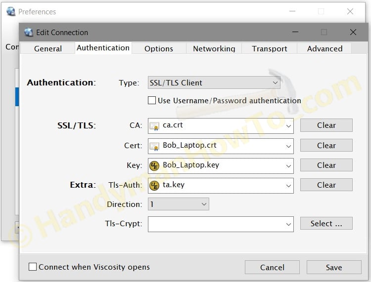 Viscocity - Edit OpenVPN Connection - Authentication Settings