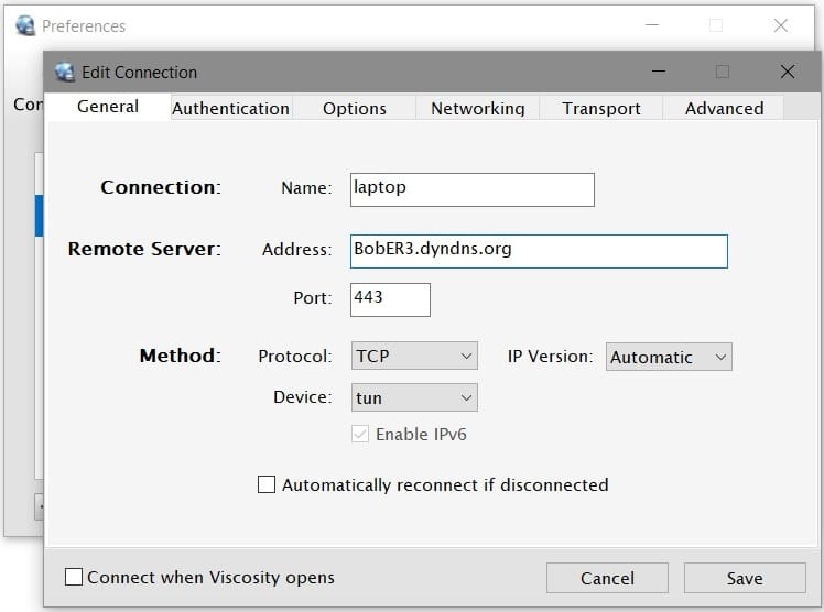 Viscocity - Edit OpenVPN Connection - General Settings